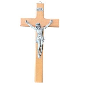 Vintage Wooden Wall Crucifix Silver Tone Metal Corpus INRI Plaque 12 Inch Cross